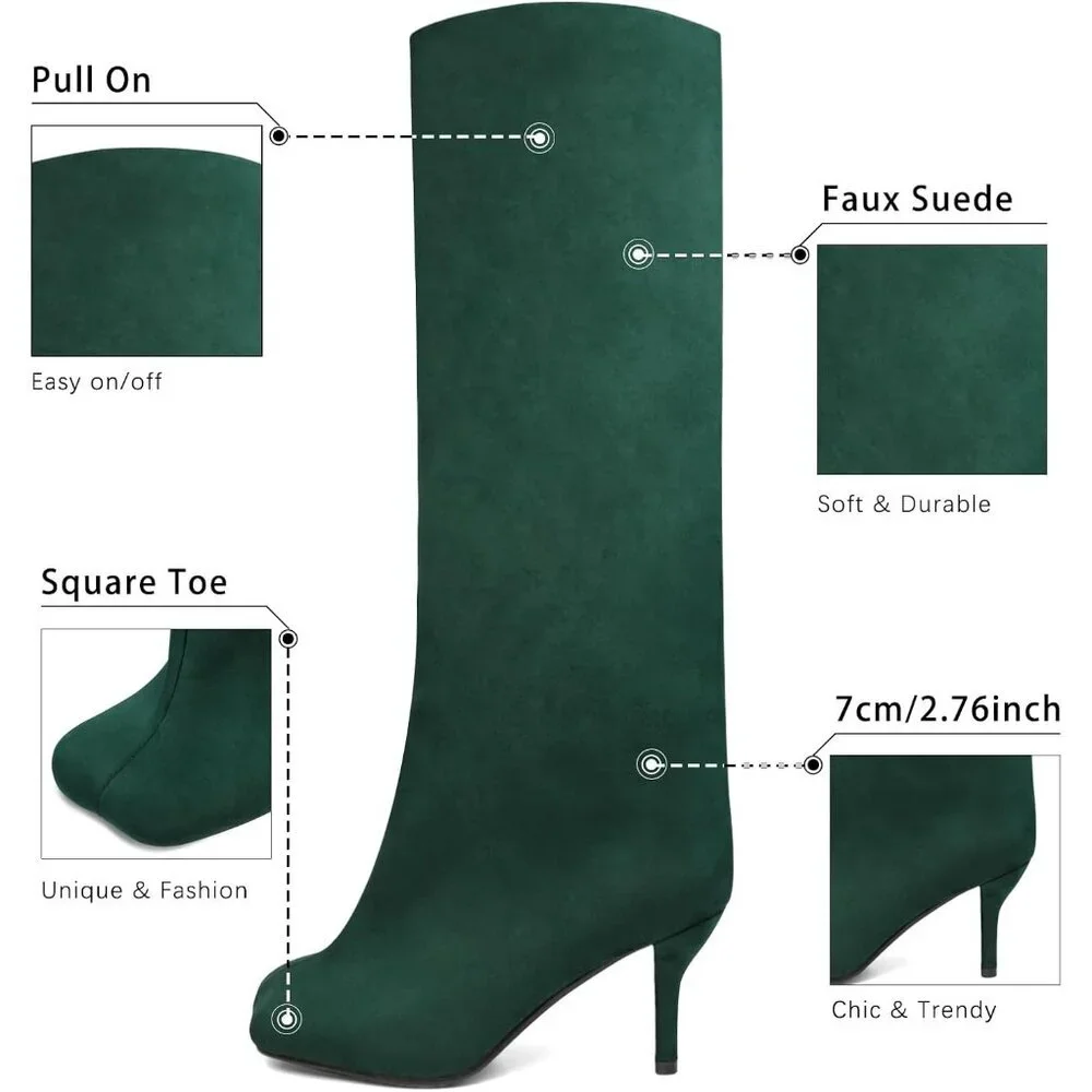 Women's Green Wide Calf Square Toe Stiletto Heels Knee High Suede Boots